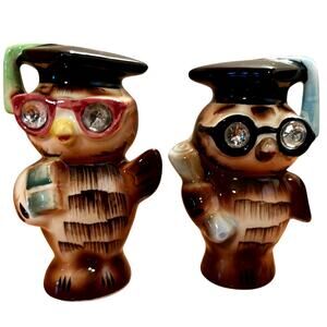 Vintage Lefton Owl Graduates Salt and Pepper Shakers Ceramic 1956 Jeweled Eyes
